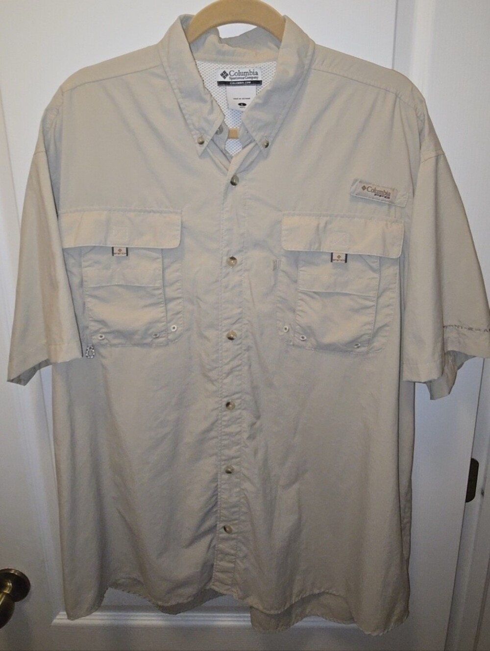 Columbia PFG Bahama II Men’s Short Sleeve Fishing Shirt Beige Vented Size L